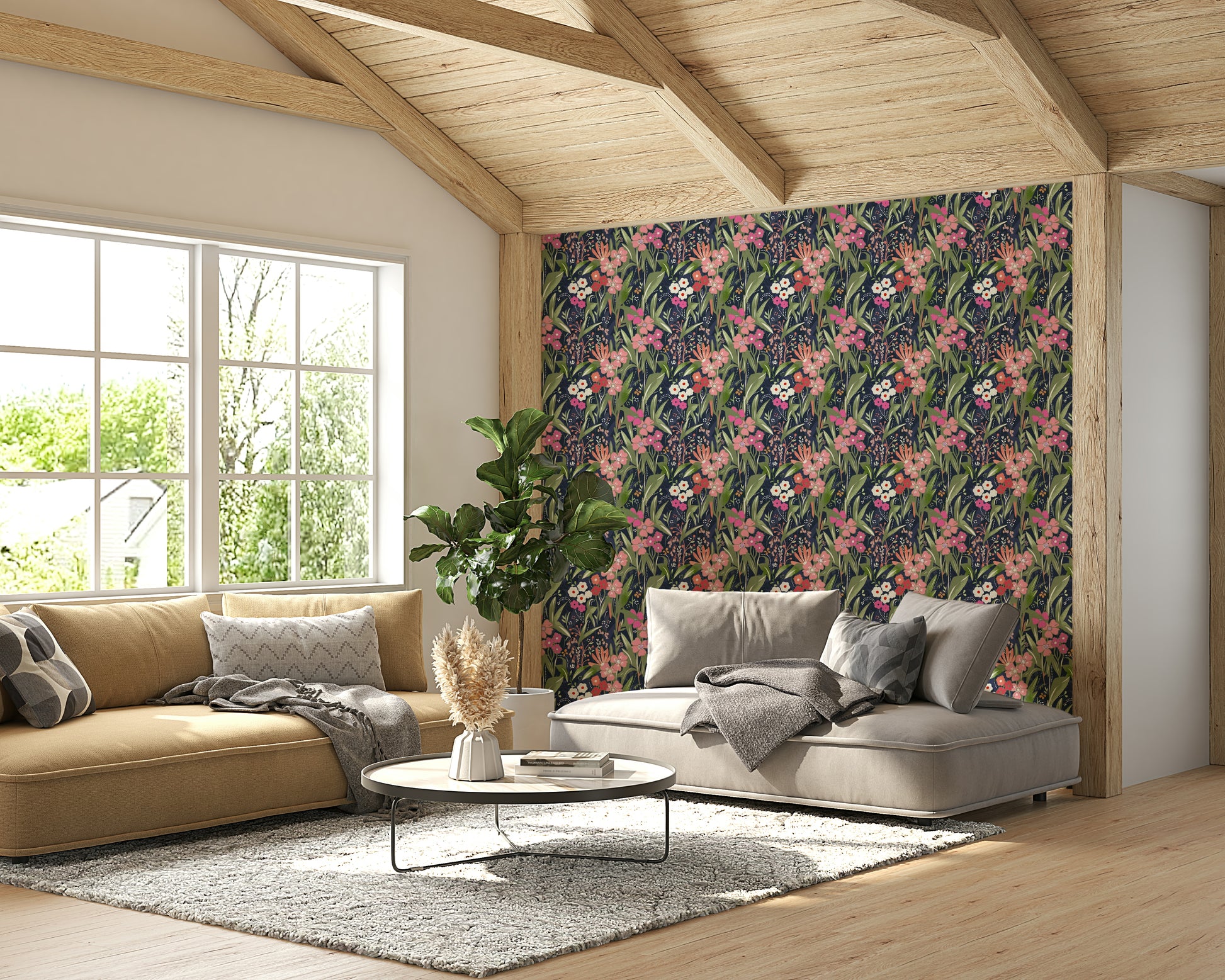 The wallpaper is used to create a feature wall in a dining room.