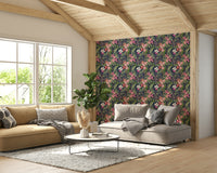 The wallpaper is used to create a feature wall in a dining room.