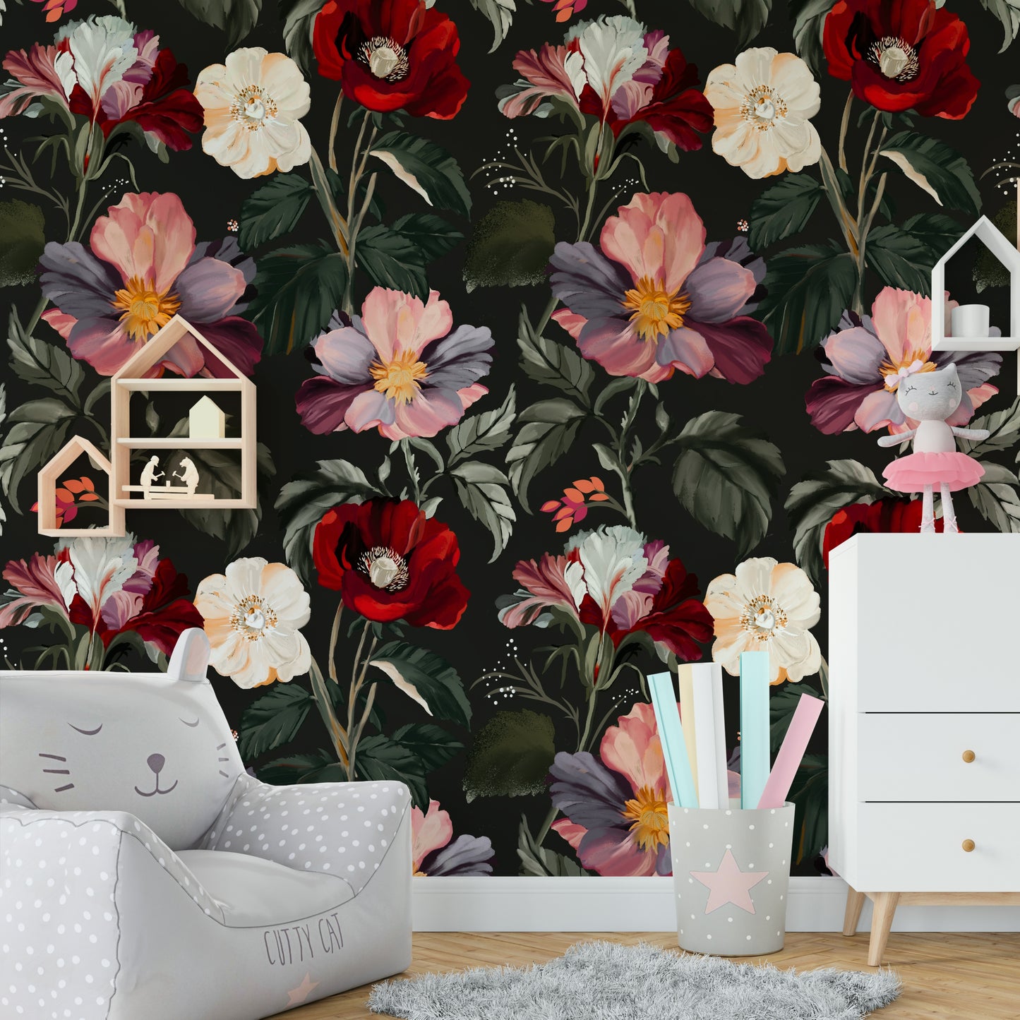 A beautiful modern living room with a dark floral mural.