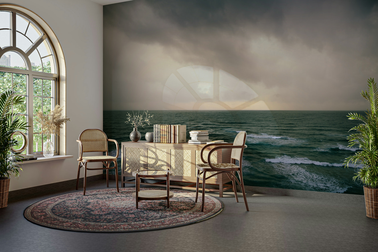 A beautiful, modern living room with an abstract light mural.

