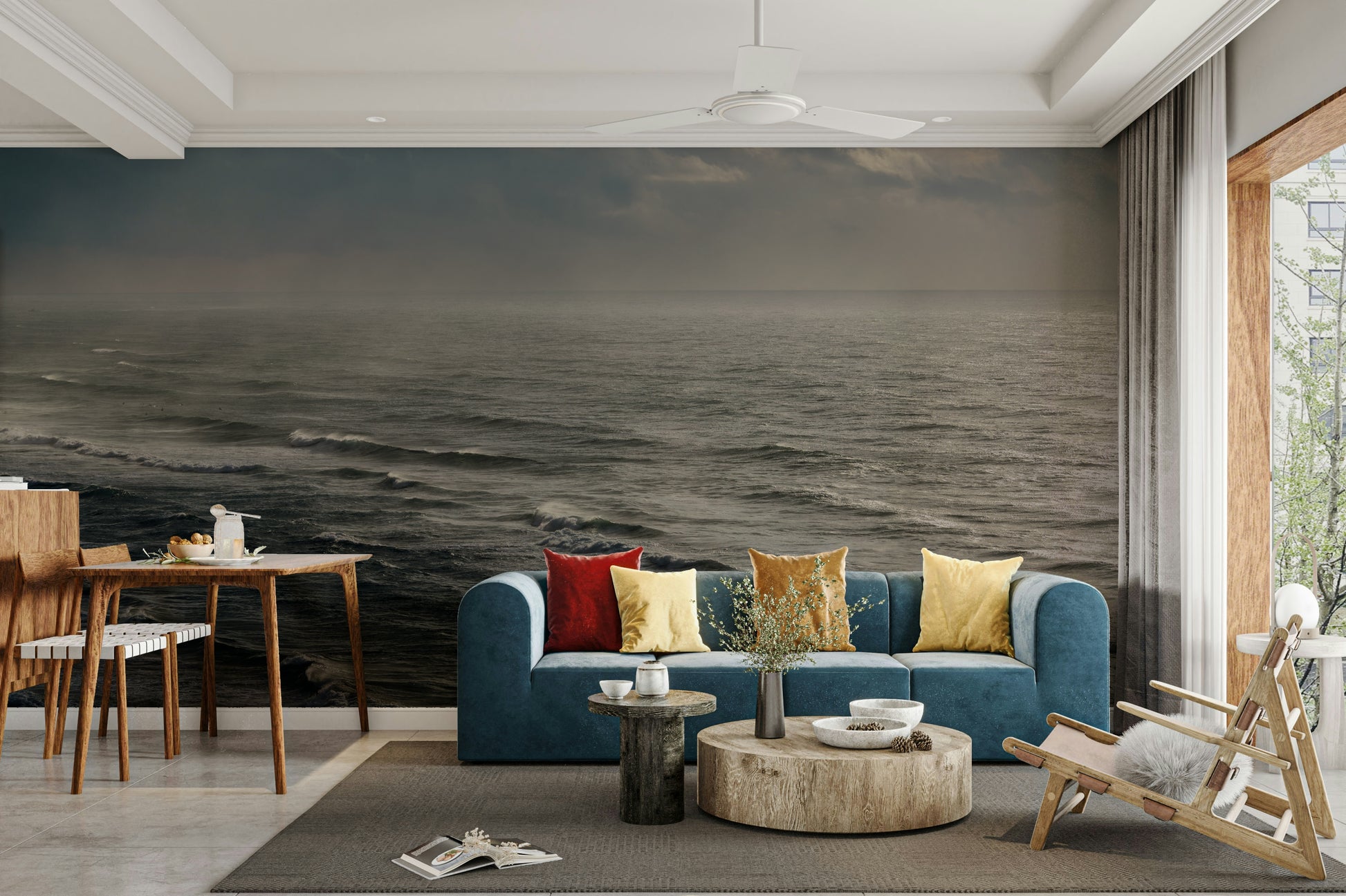 A living room with the winter surfing wall mural.

