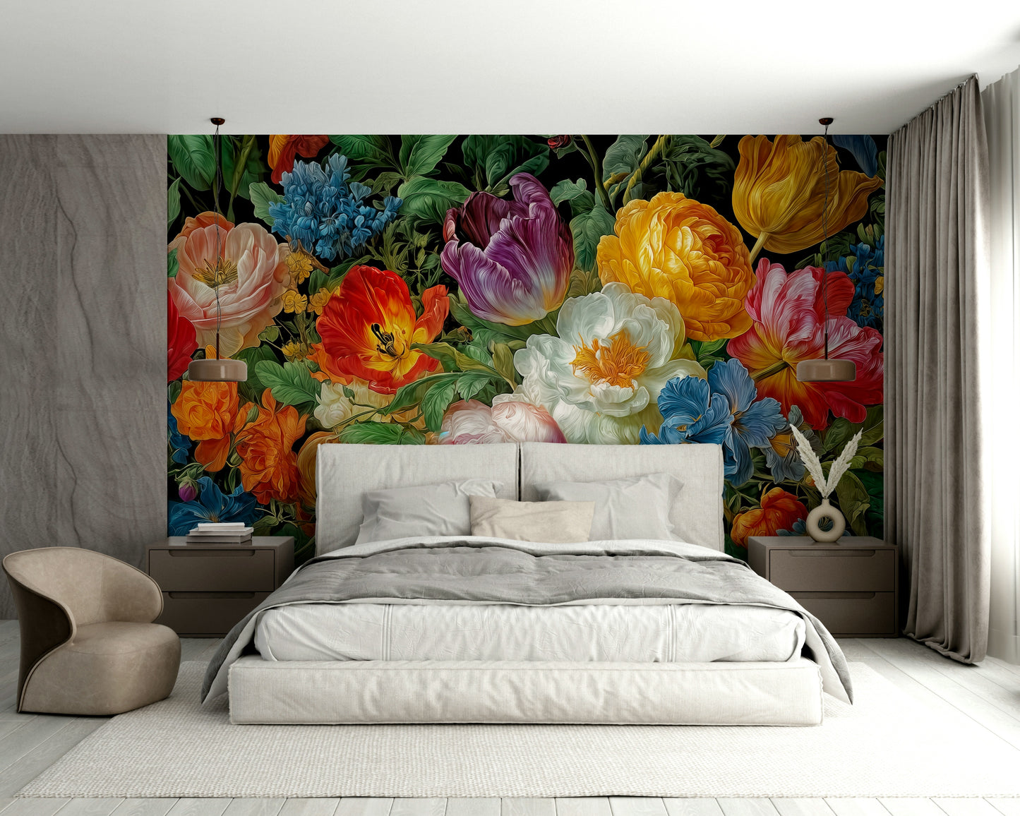 The peel and stick wallpaper showing realistic flower textures.

