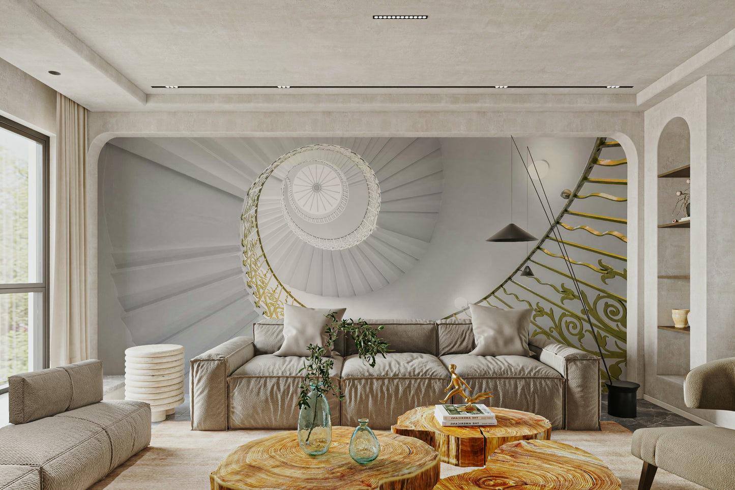 A minimalist interior with the spiral stairs wallpaper.

