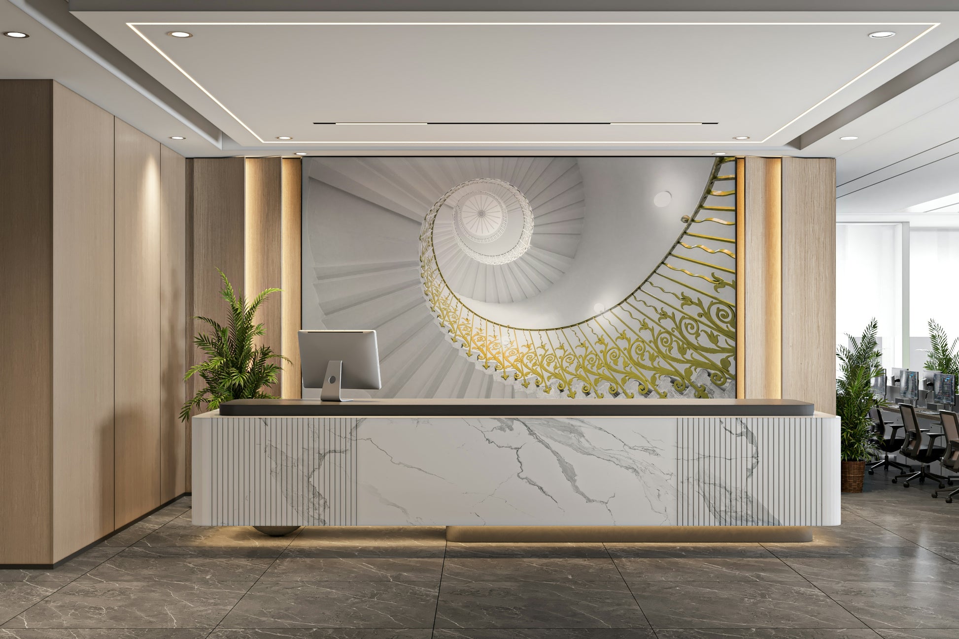 A living room featuring the luxury spiral stairs wall mural.

