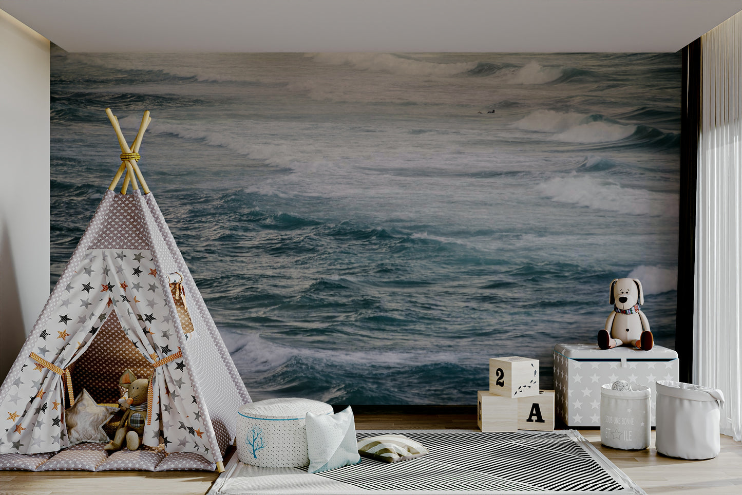 The peel and stick wallpaper showing realistic water textures.

