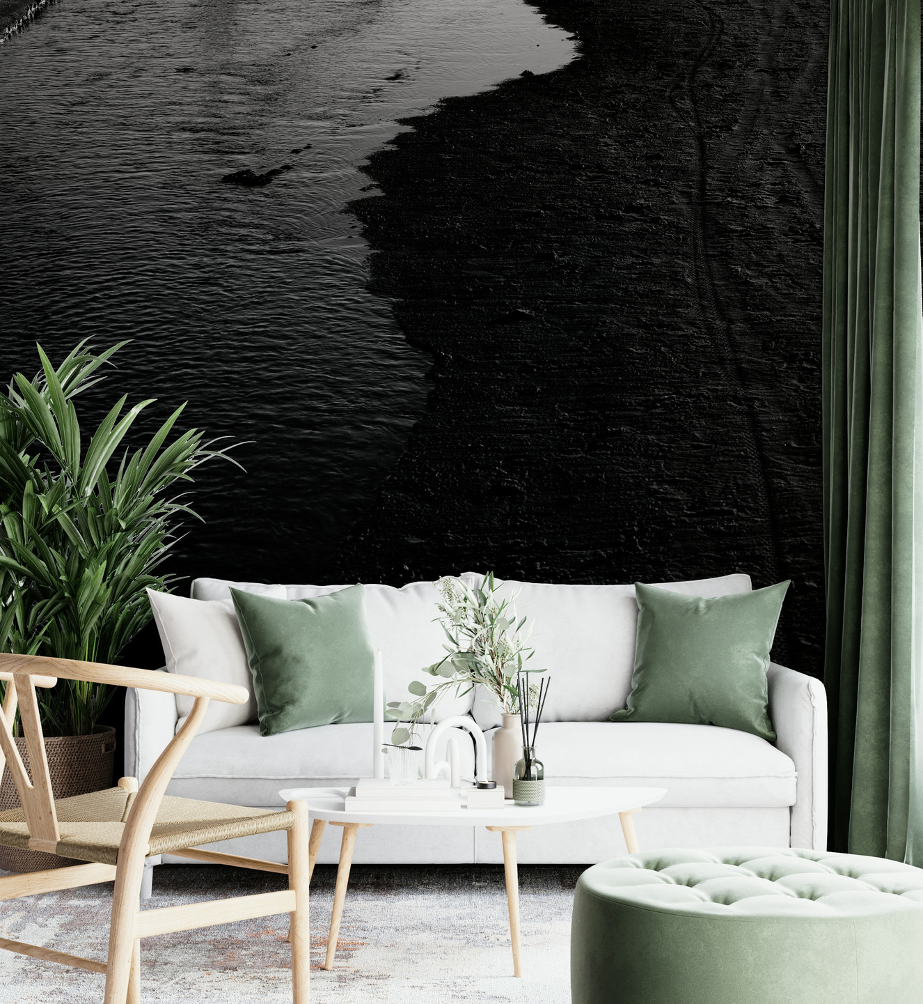 A beautiful modern living room with a dark river wall mural.

