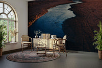 A beautiful modern living room with a dark river wall mural.

