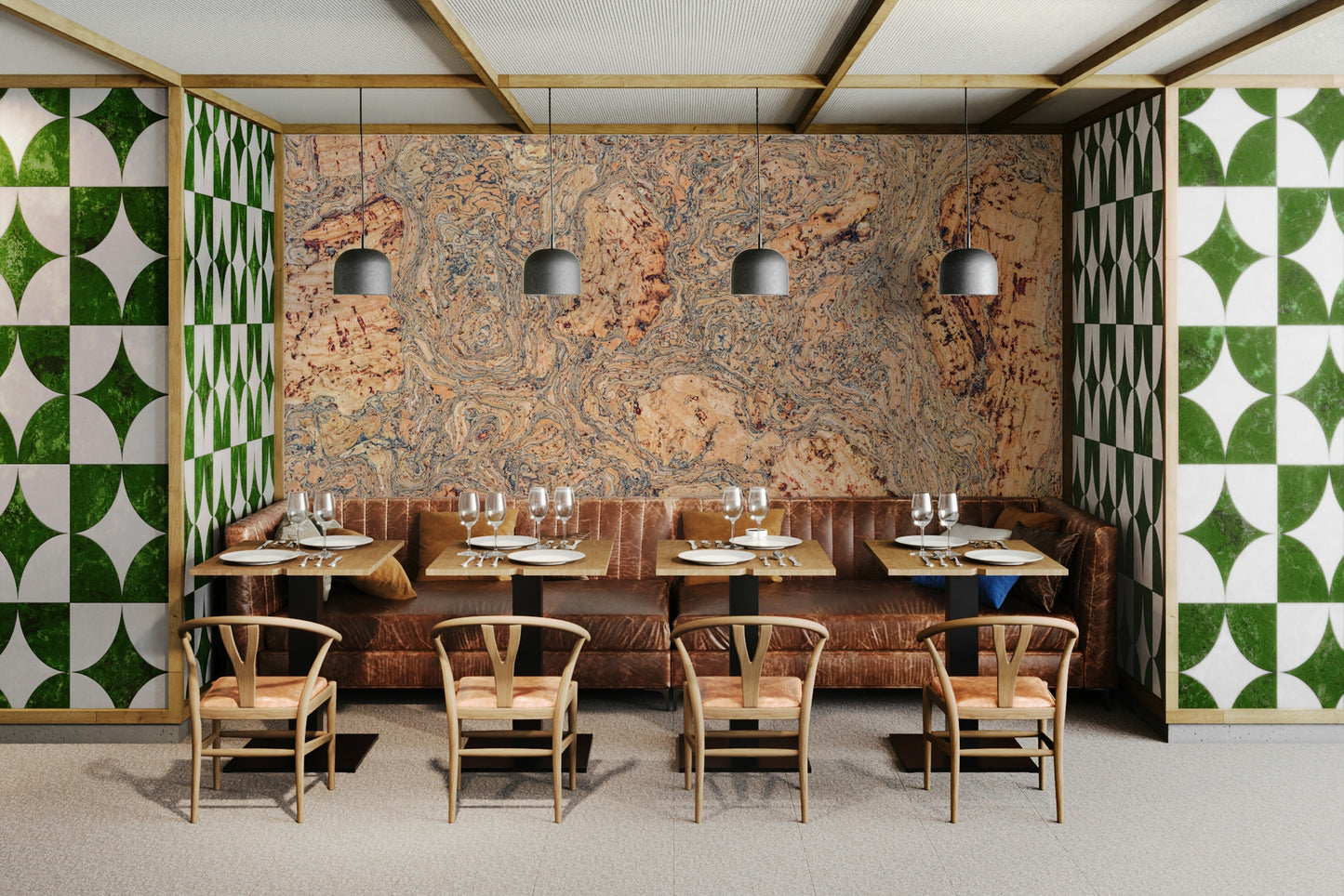 A high-angle view of the wall mural in a large space.