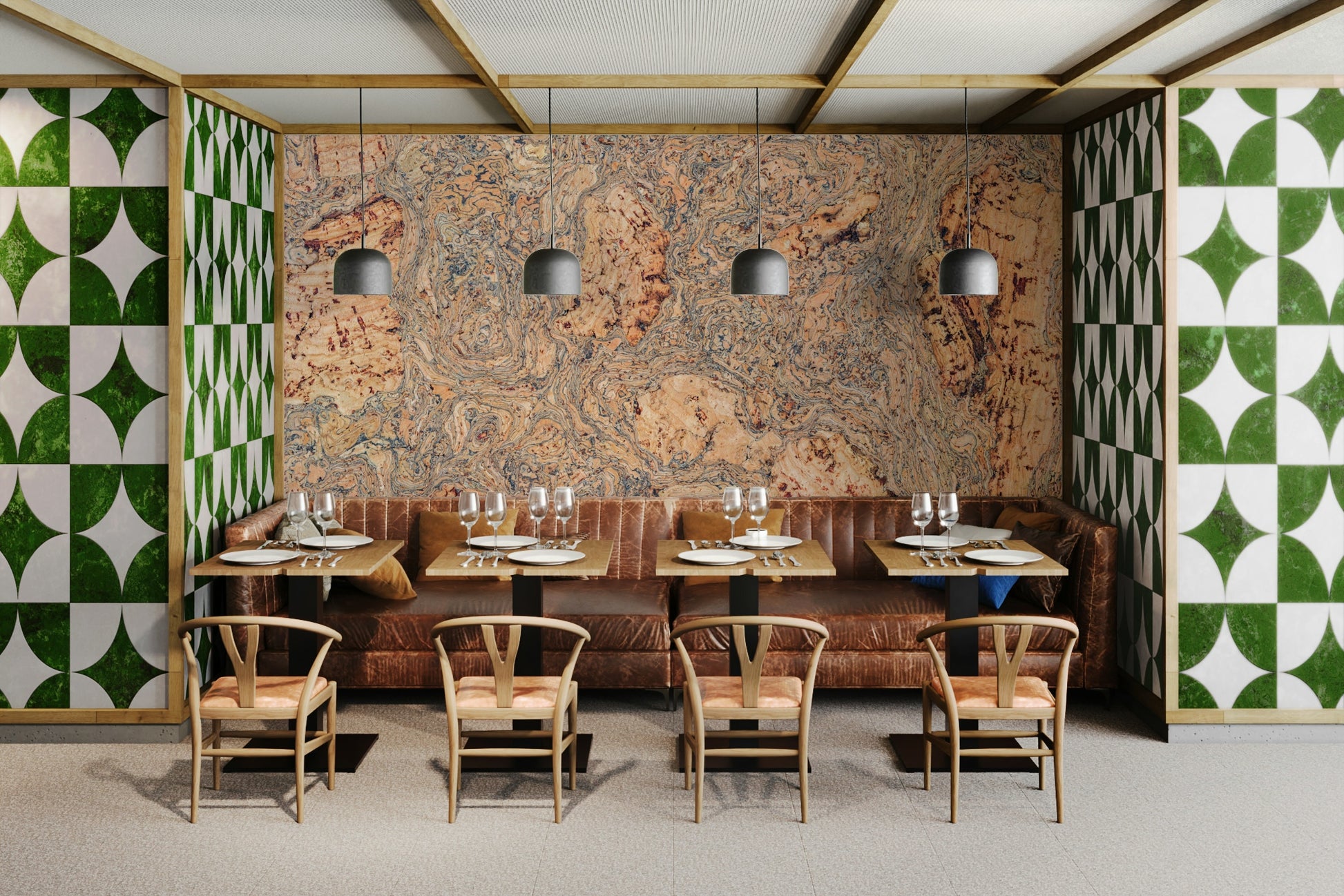 A high-angle view of the wall mural in a large space.