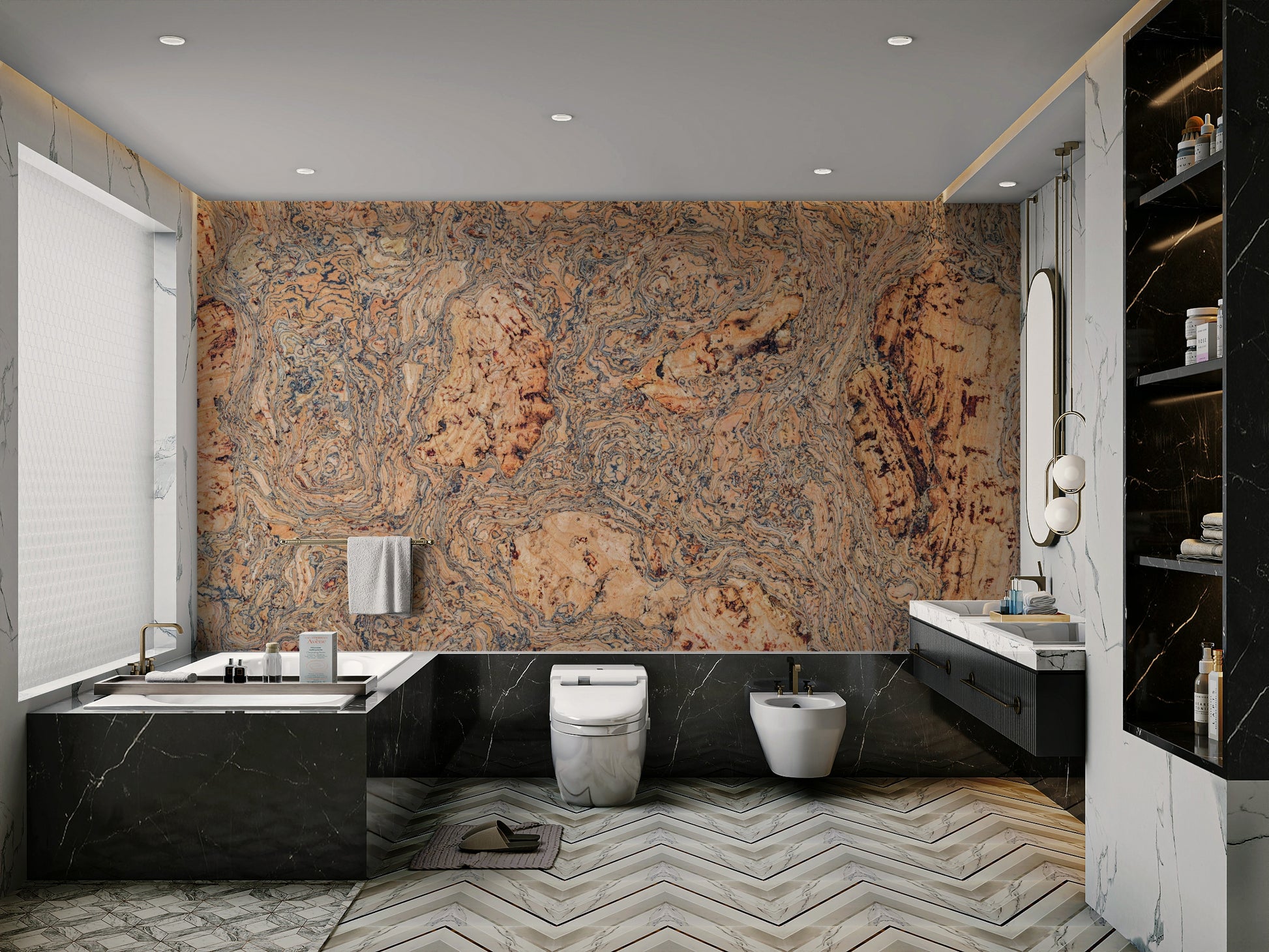 The peel and stick wallpaper showing realistic bark textures.