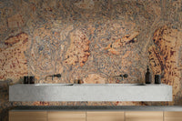 A minimalist interior with the organic-themed wallpaper.