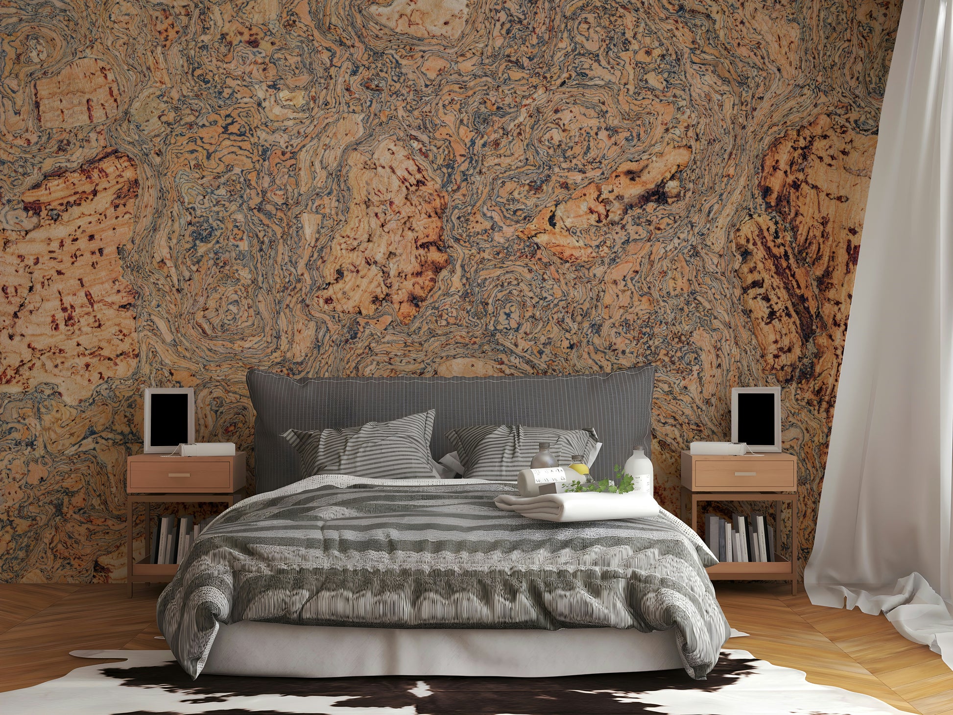 A living room featuring the natural bark wall mural.