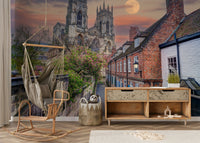 A high-angle view of the wall mural in a large space.