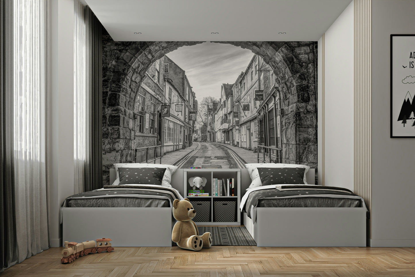 A living room featuring the stone archway wall mural.