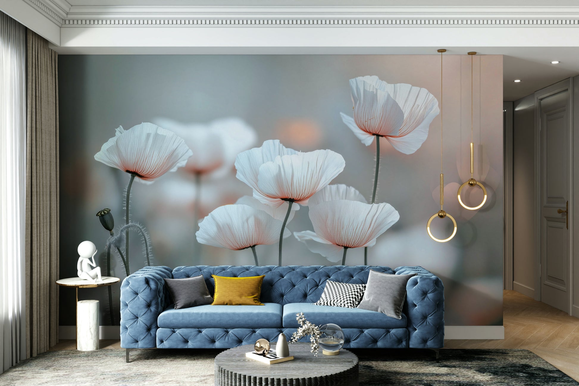 A calming poppy dream wallpaper mural that defines a space.

