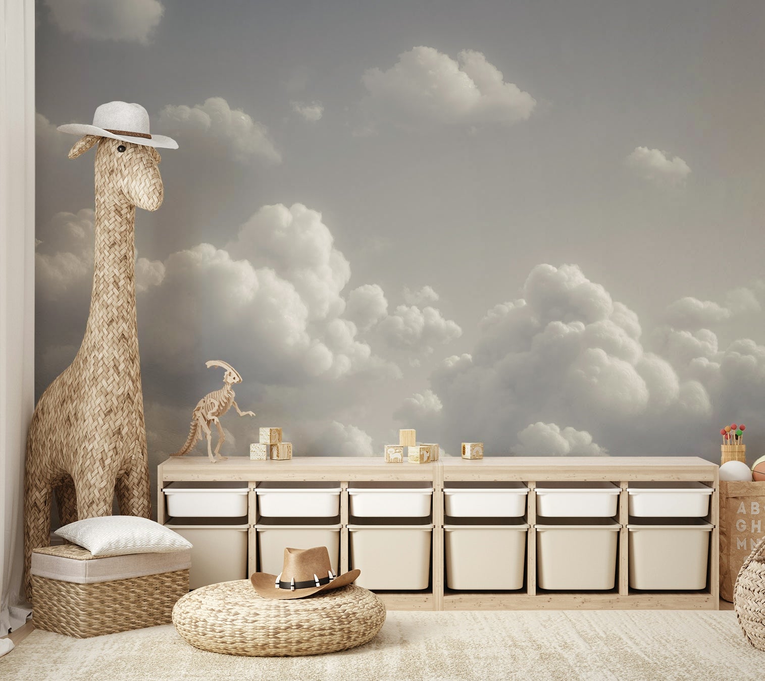 An artistic soft cloud mural on minimalist wallpaper.



