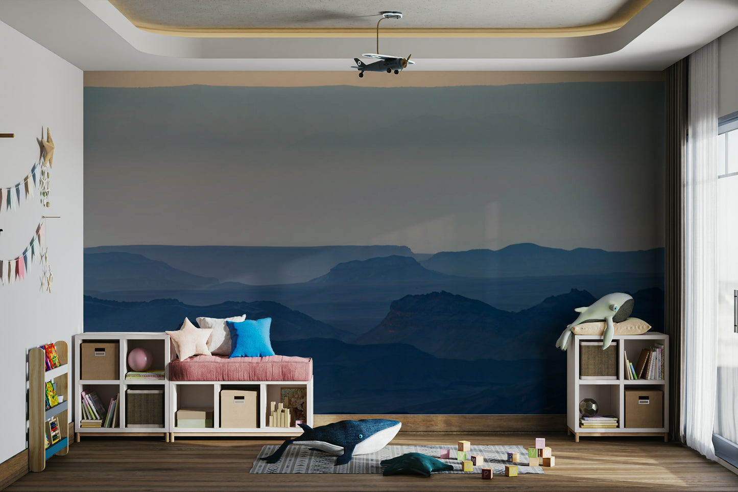 A graceful desert landscape wall mural in warm tones.

