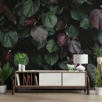 A minimalist interior with the winter leaves wallpaper.

