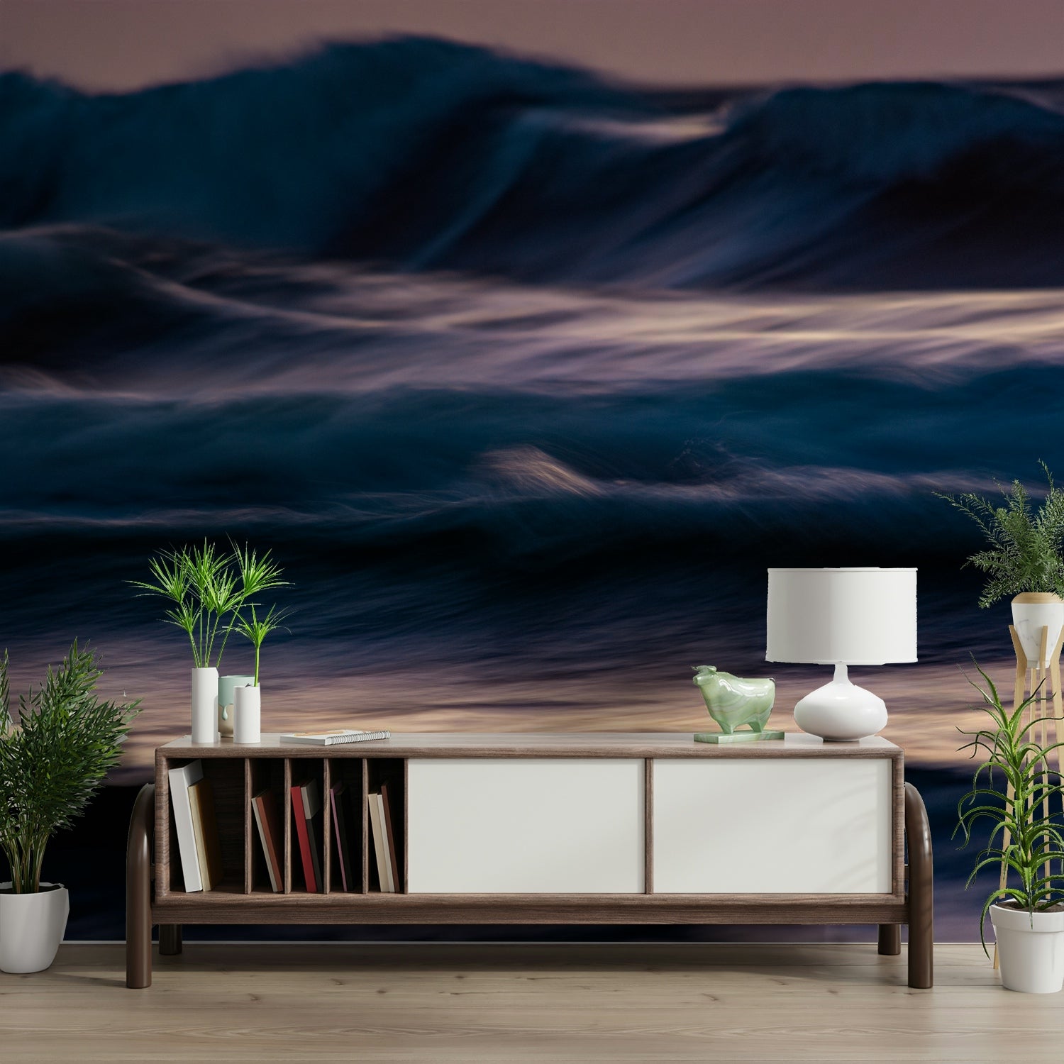 A peaceful open ocean mural on decorative wallpaper.

