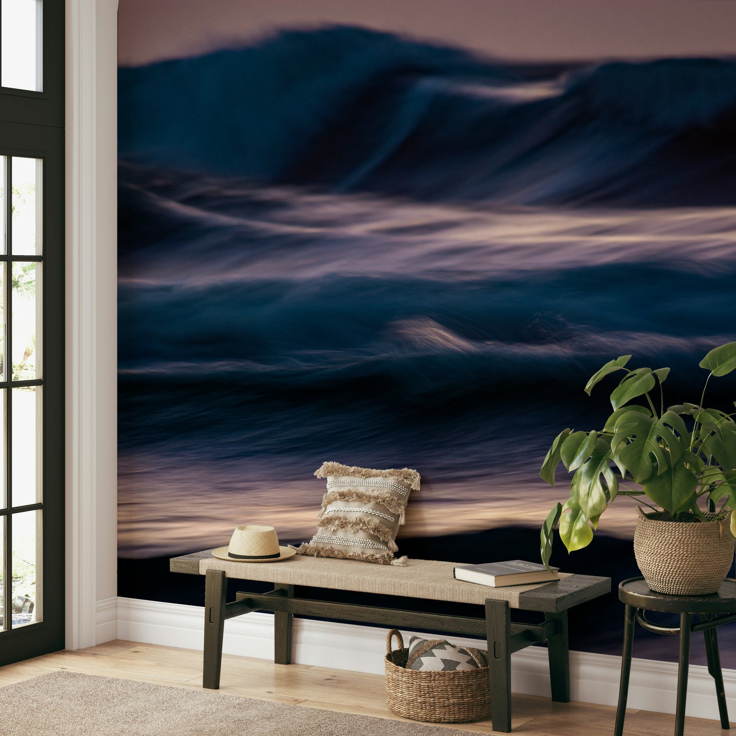A calming water movement wallpaper mural that defines a space.

