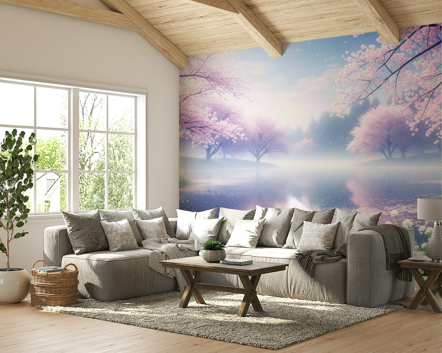 An angled shot of the mural's gentle color palette.