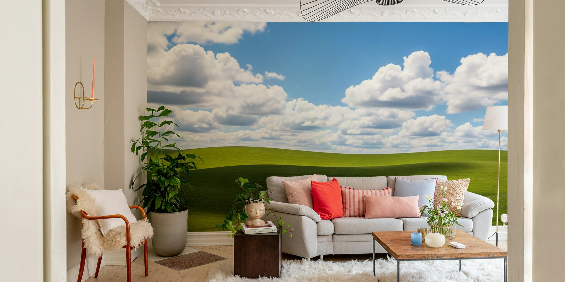 A high-angle view of the wall mural in a large space.