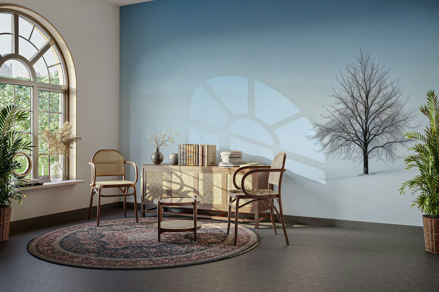 A living room featuring the frozen simplicity wall mural.