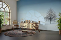 A living room featuring the frozen simplicity wall mural.