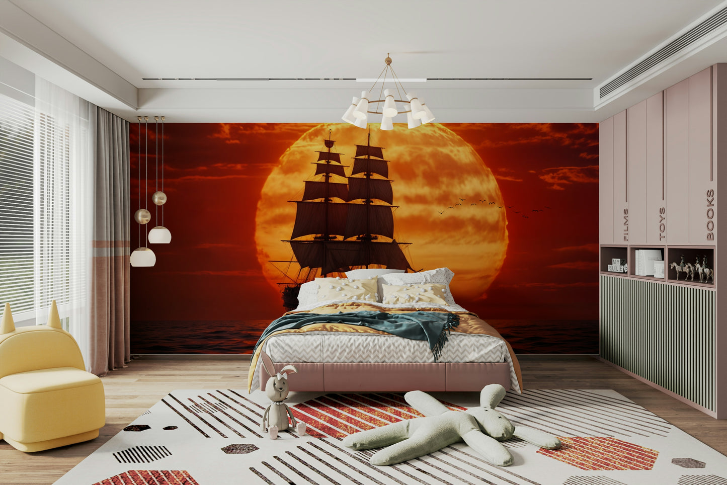 A living room featuring the sailing wall mural.