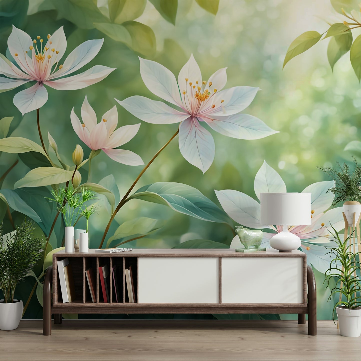 The peel and stick wallpaper showing realistic floral textures.