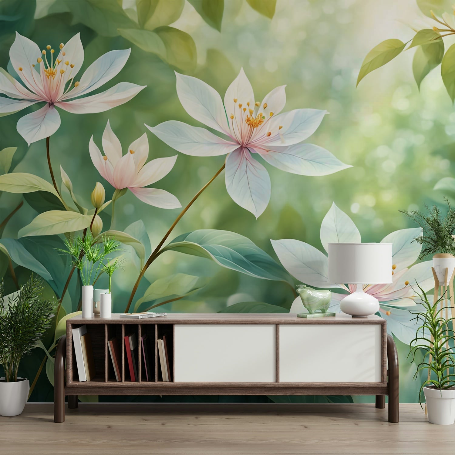 The peel and stick wallpaper showing realistic floral textures.