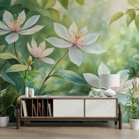 The peel and stick wallpaper showing realistic floral textures.