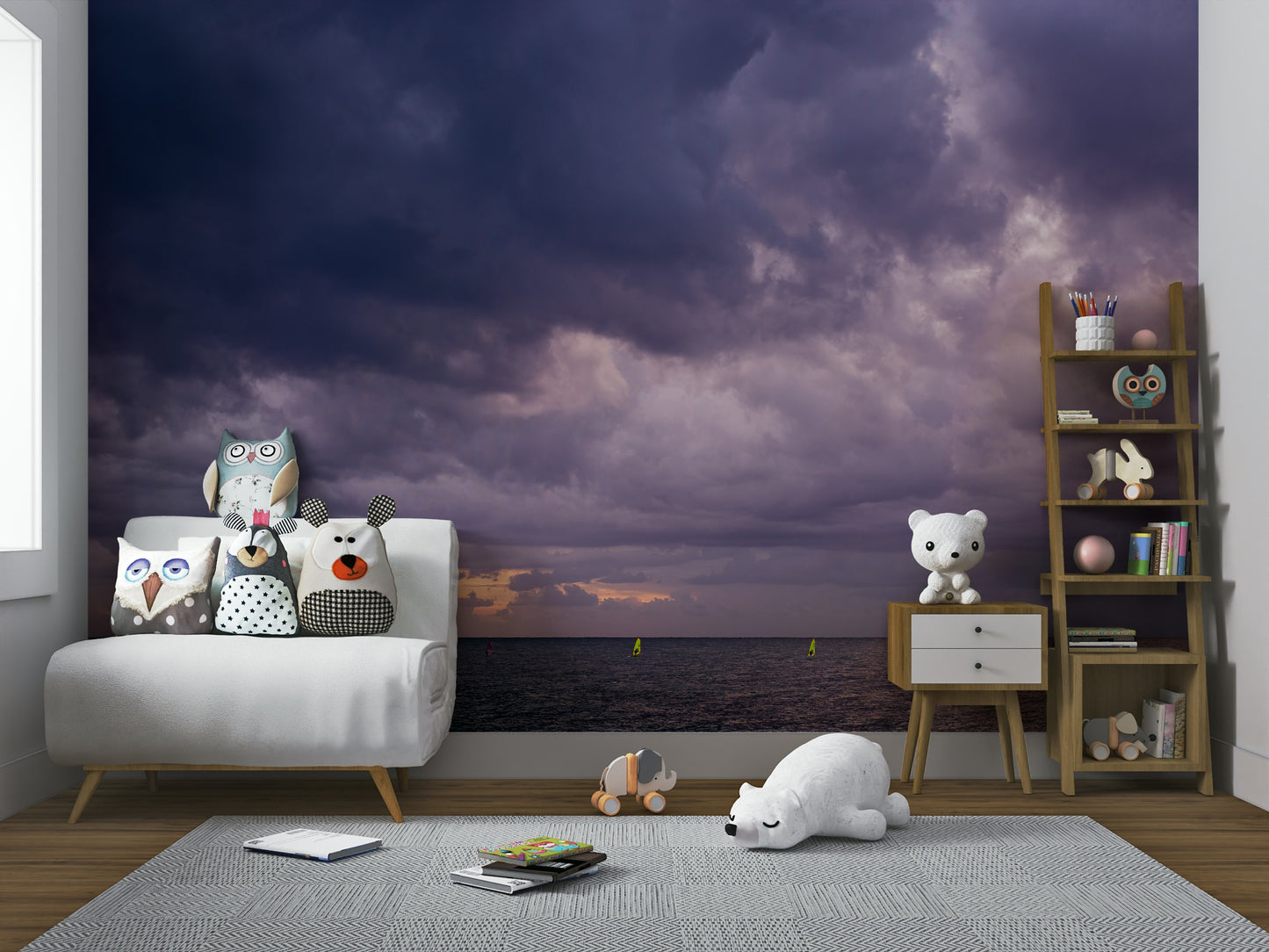 A graceful wave motion wall mural in cool, natural tones.

