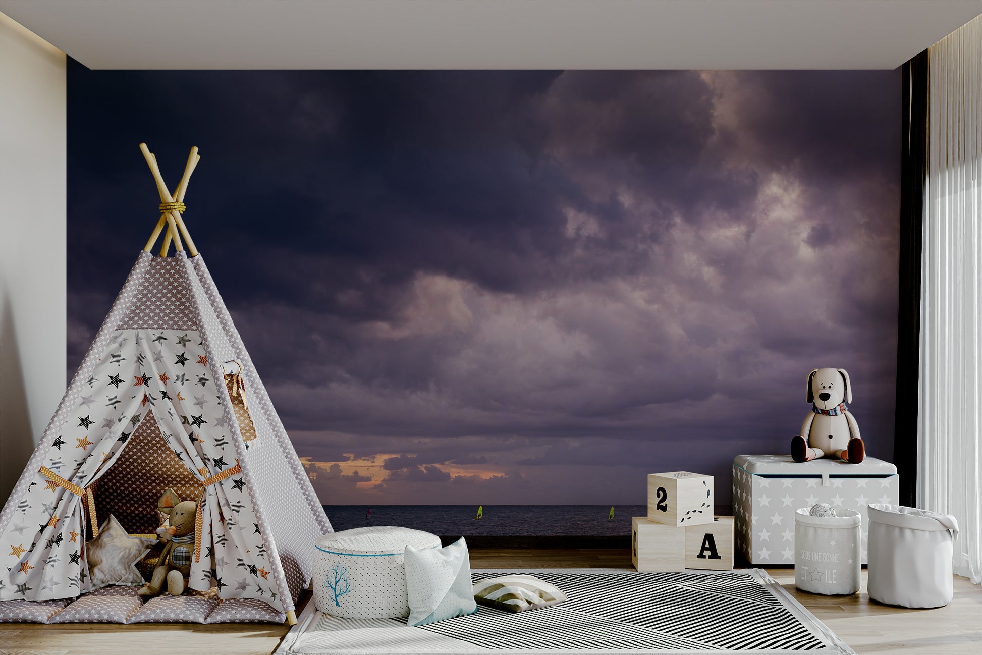 A tranquil ocean scene wall mural for nautical decor.

