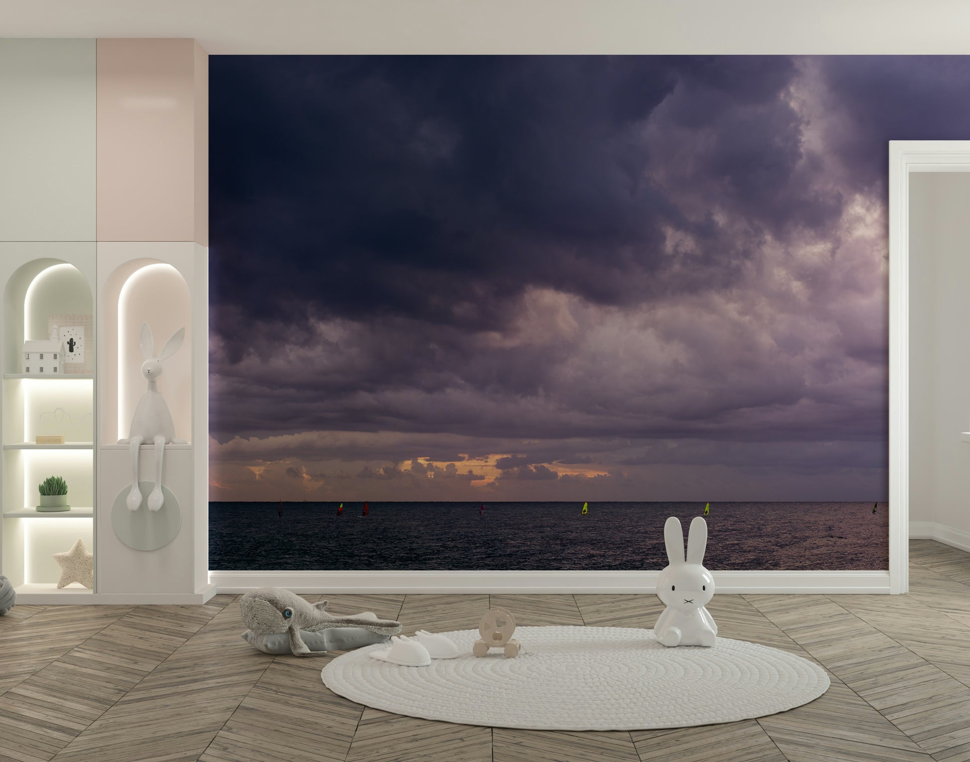 An artistic seaside view mural on minimalist wallpaper.

