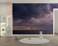 An artistic seaside view mural on minimalist wallpaper.

