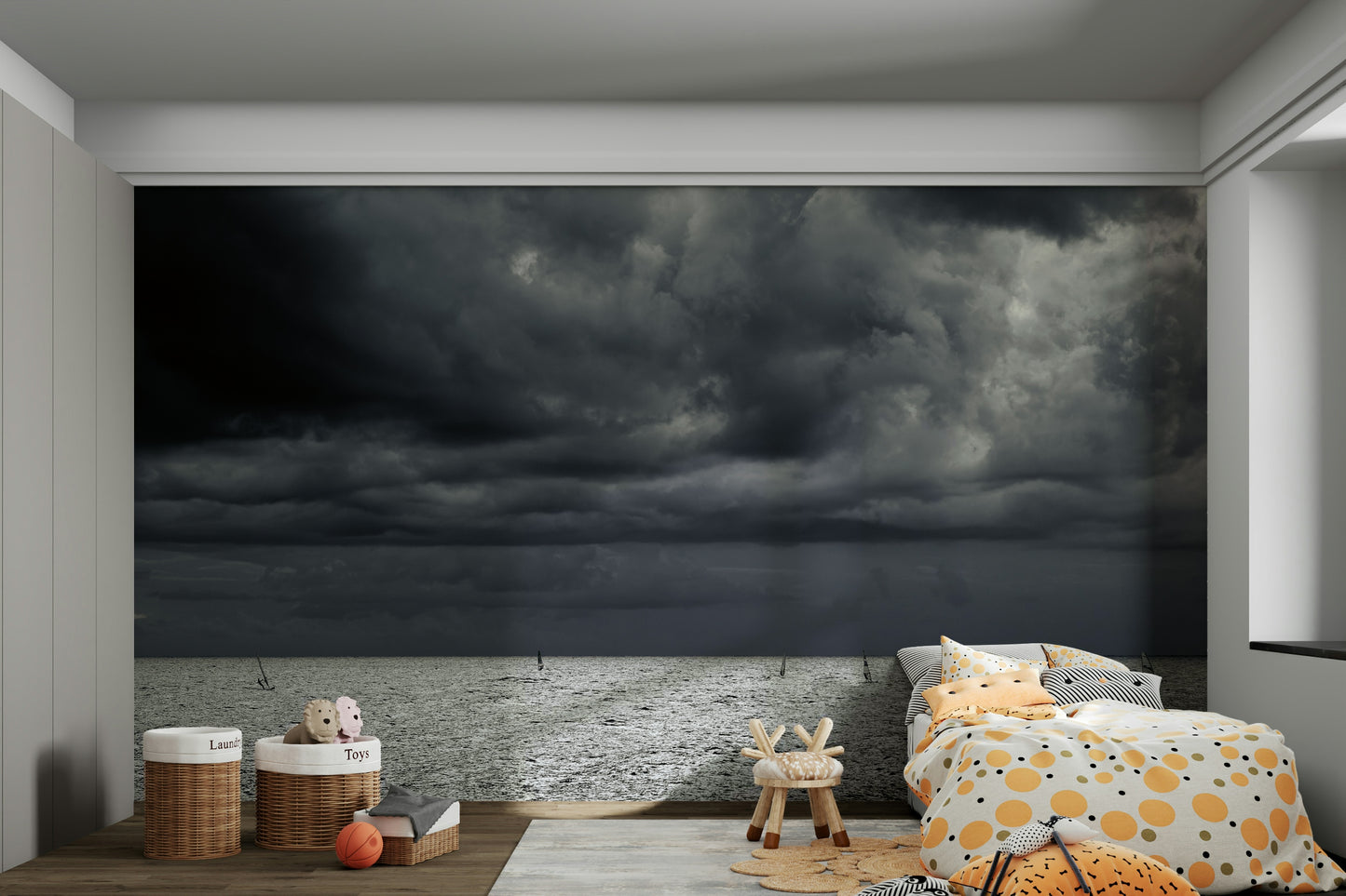 A graceful wave motion wall mural in cool, natural tones.

