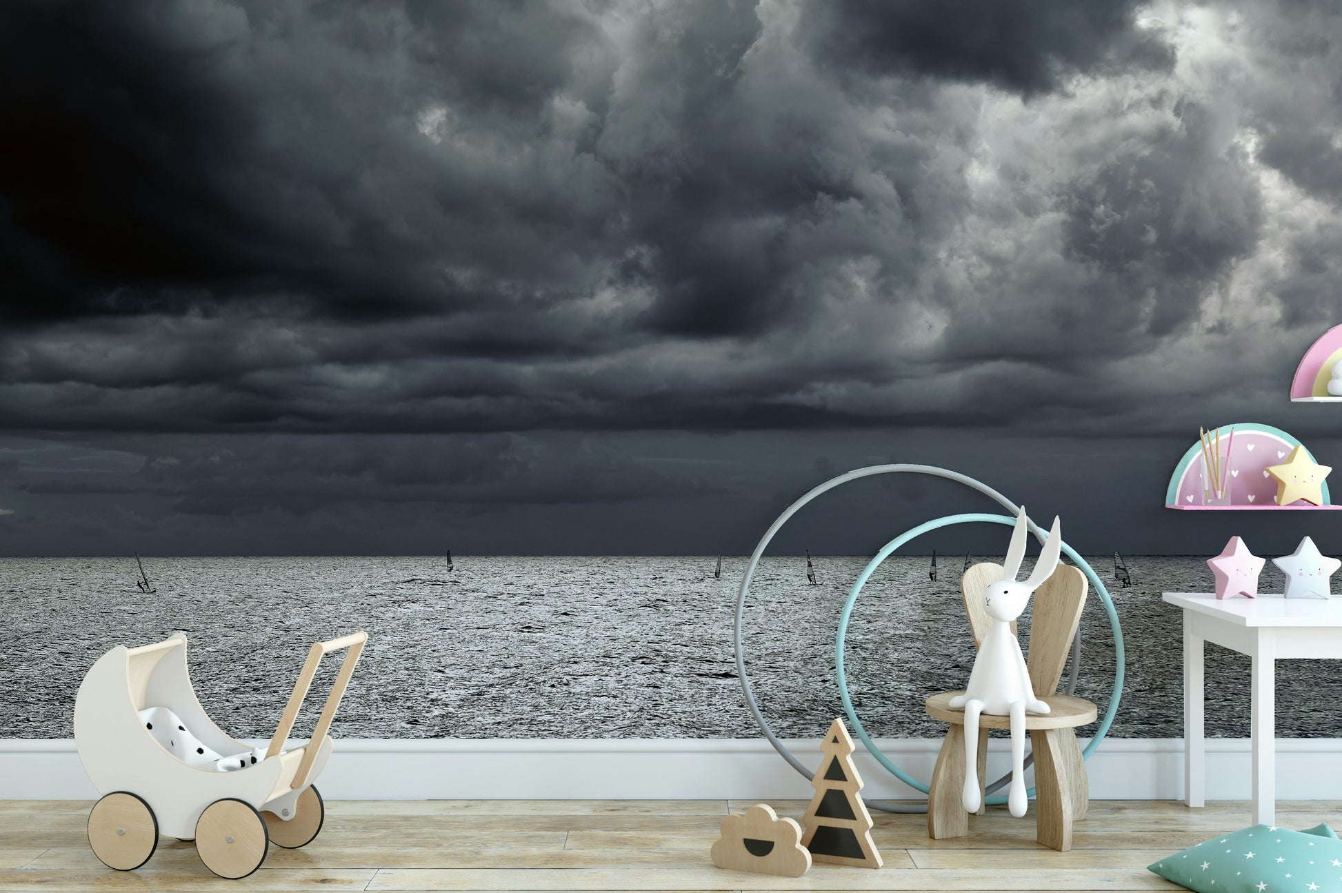 A contemplative rocky shoreline wallpaper mural for a feature wall.

