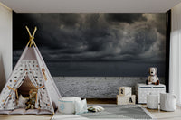 A peaceful seaside view mural on decorative wallpaper.

