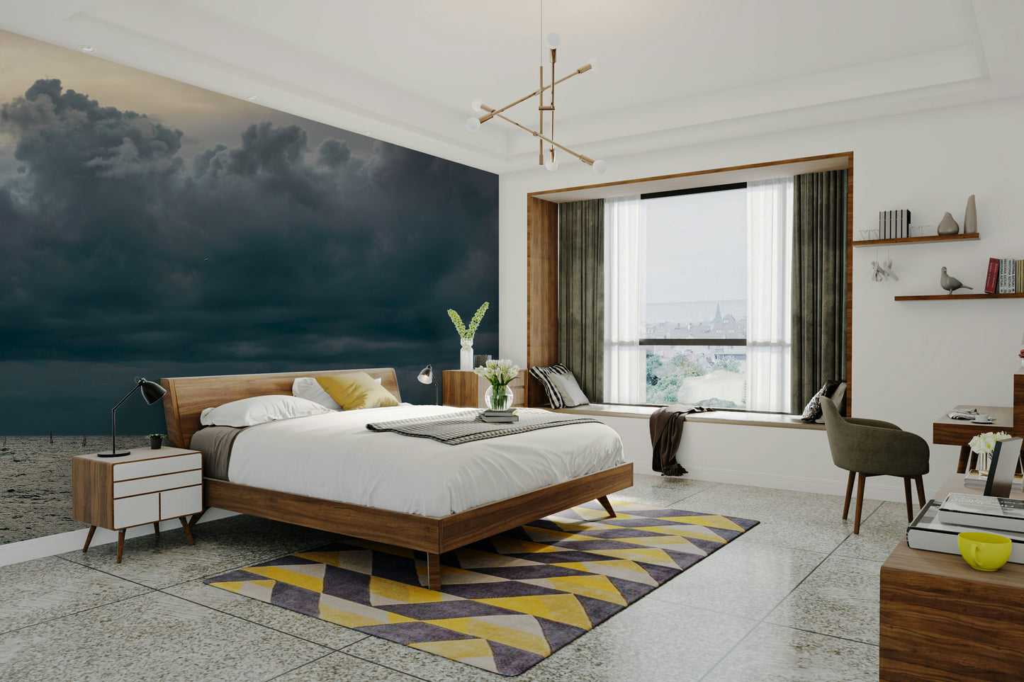 An artistic seaside view mural on minimalist wallpaper.

