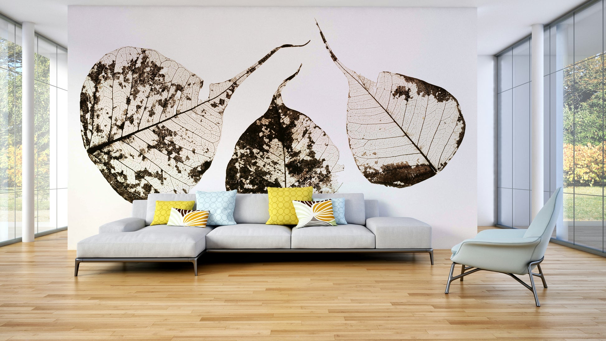 A peaceful natural theme mural on decorative wallpaper.

