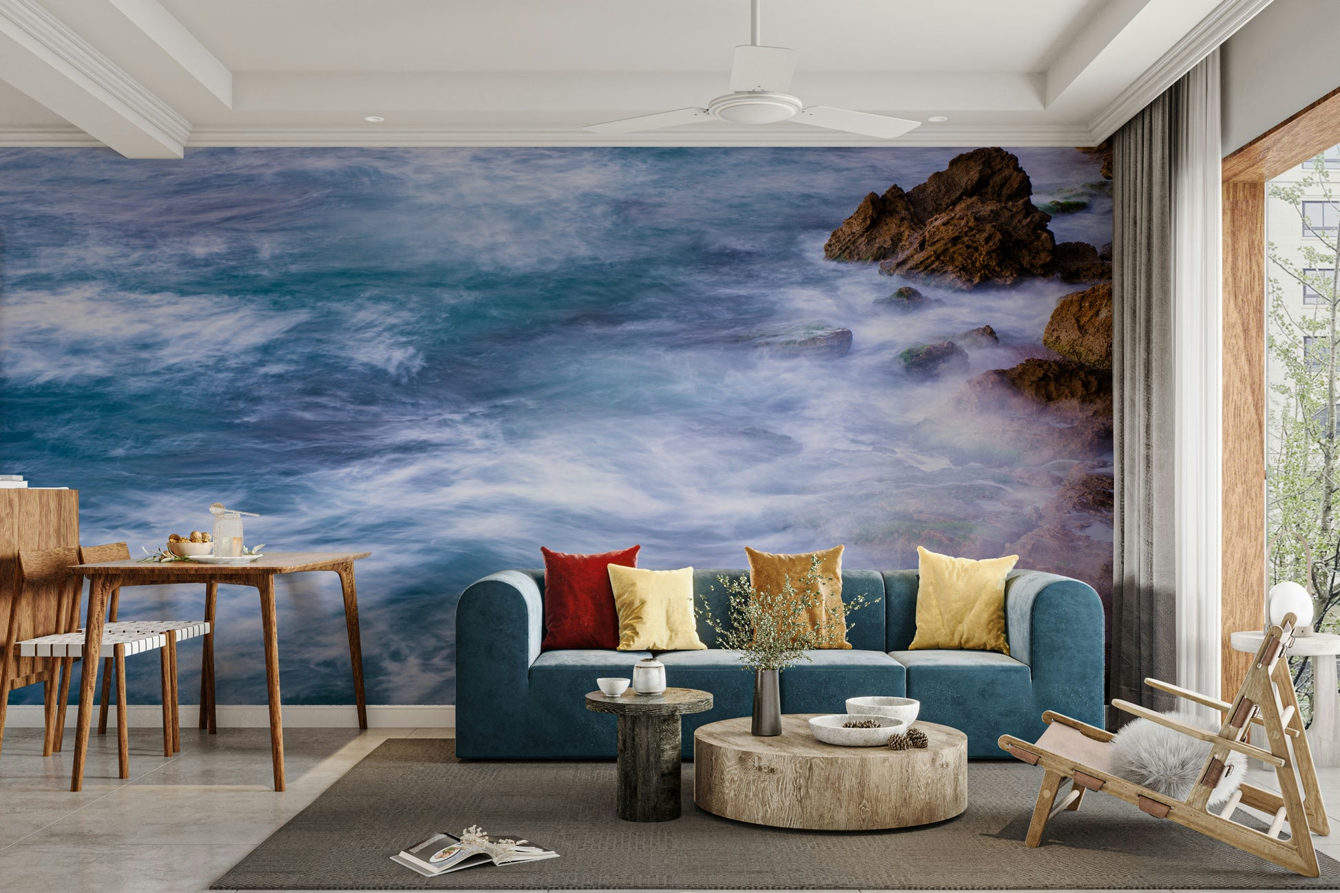 A peaceful seaside view mural on decorative wallpaper.

