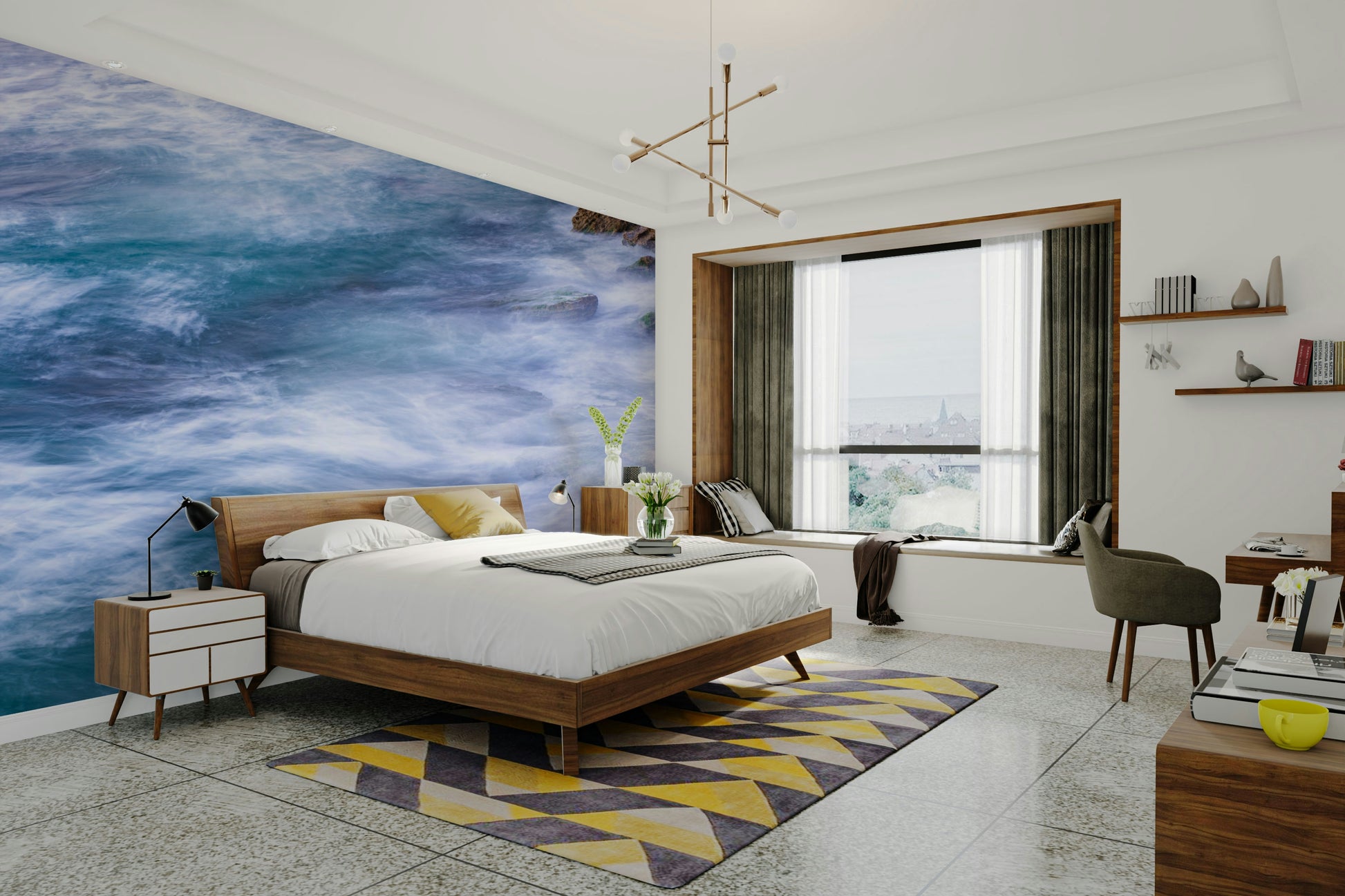 An artistic seaside view mural on minimalist wallpaper.

