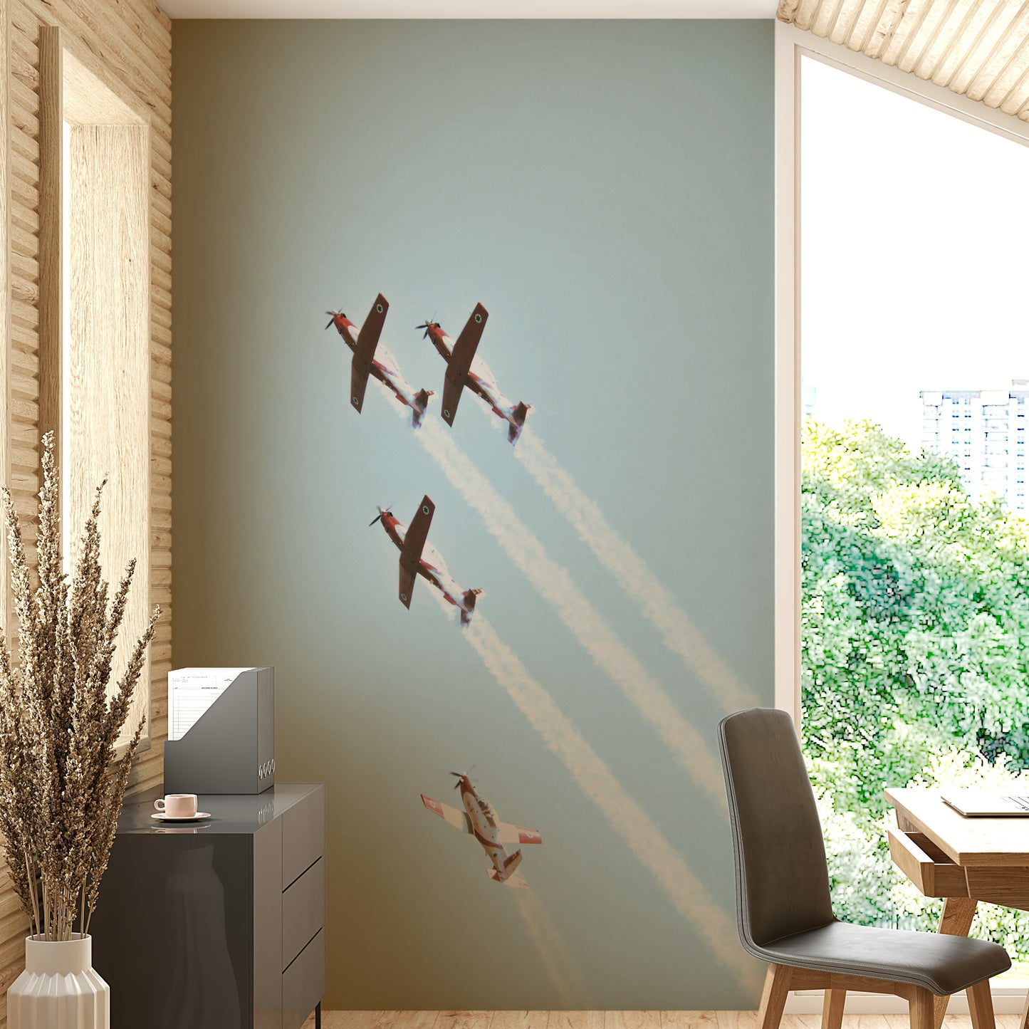 A graceful fighter jet wall mural in classic tones.

