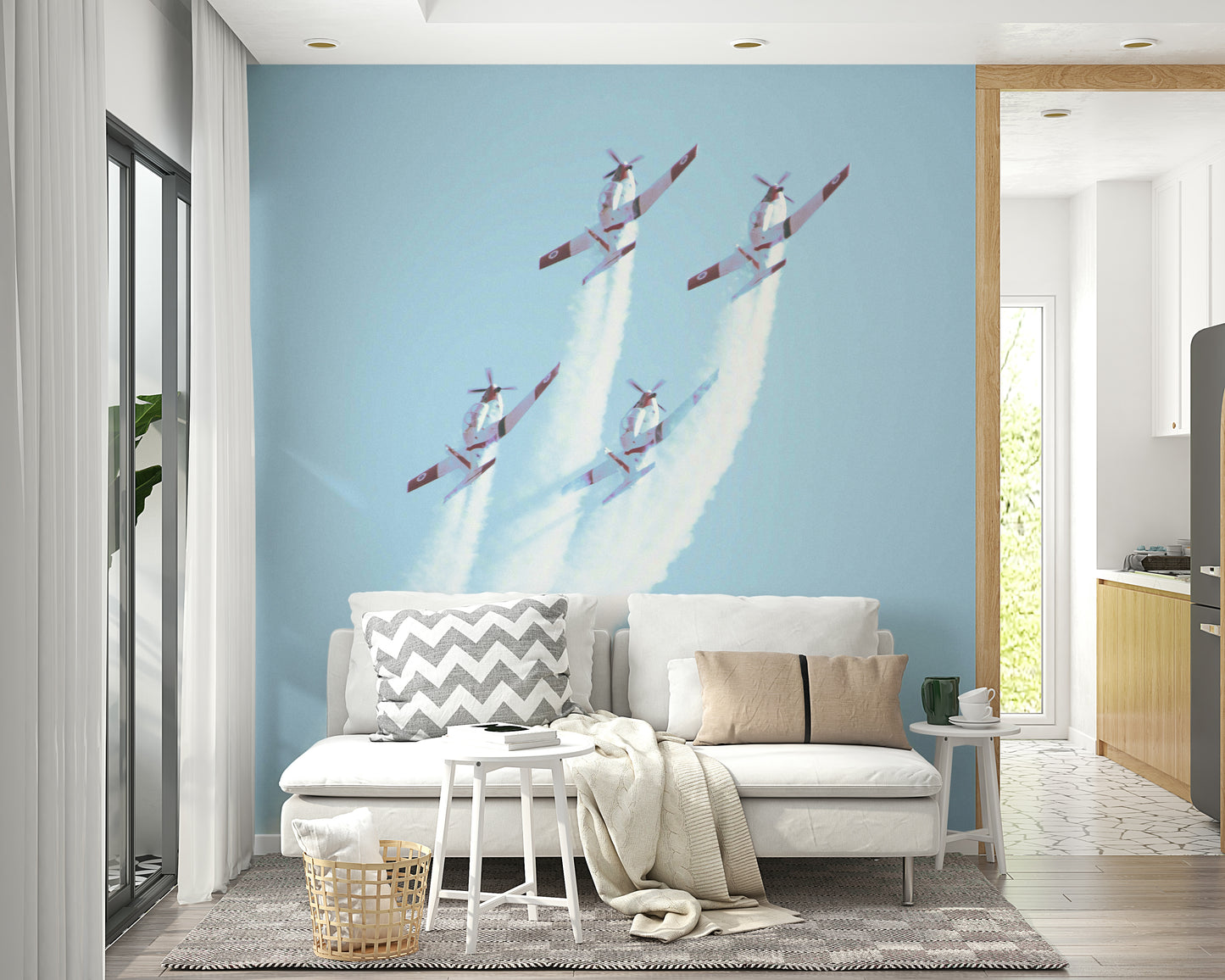 A contemplative vintage bomber wallpaper mural for a feature wall.

