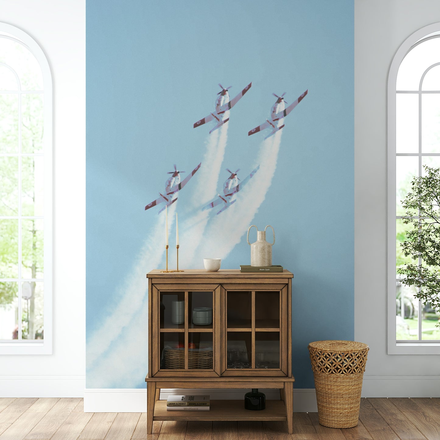 A calming vintage propeller wallpaper mural that defines a space.

