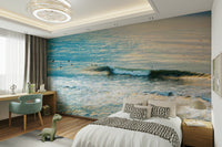 A graceful wave texture wall mural in cool, deep tones.


