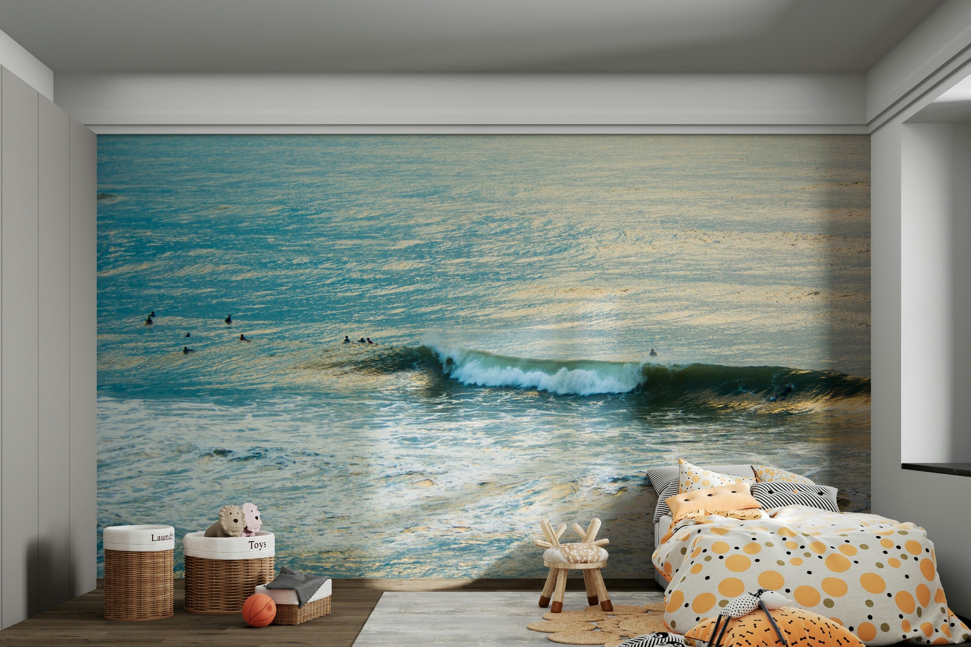 An artistic ocean landscape mural for home decor.

