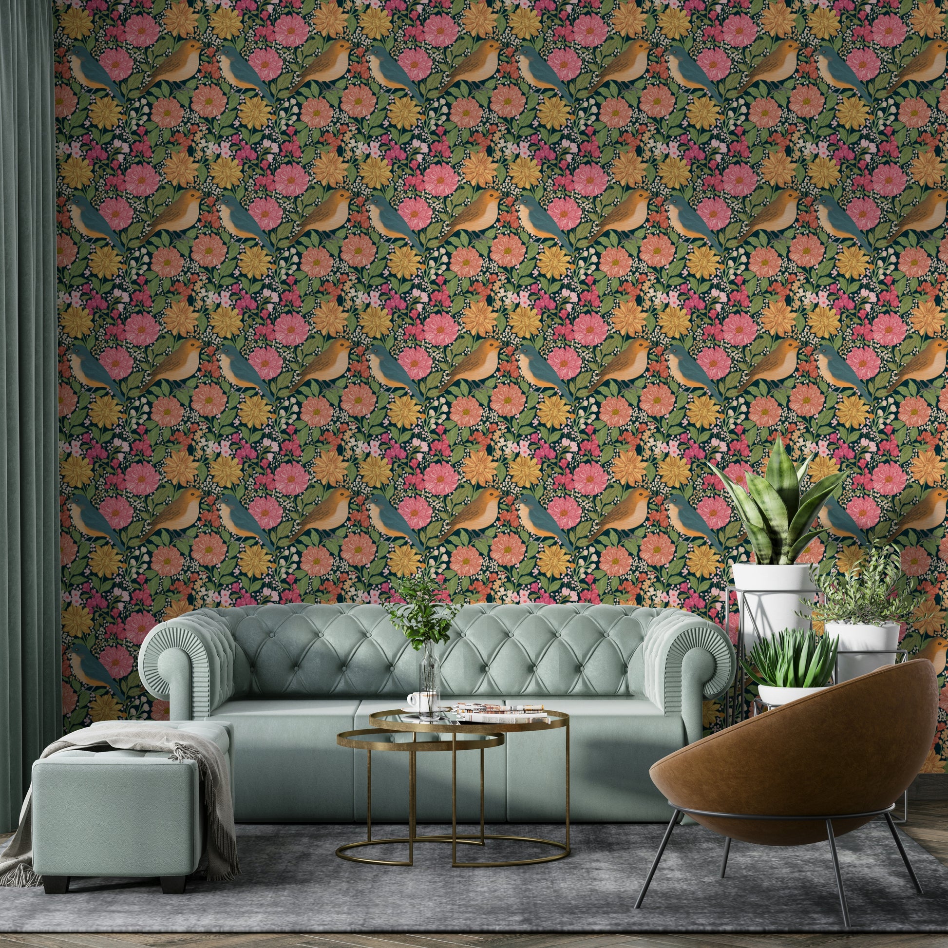 A beautiful floral and bird wallpaper mural for a charming room.

