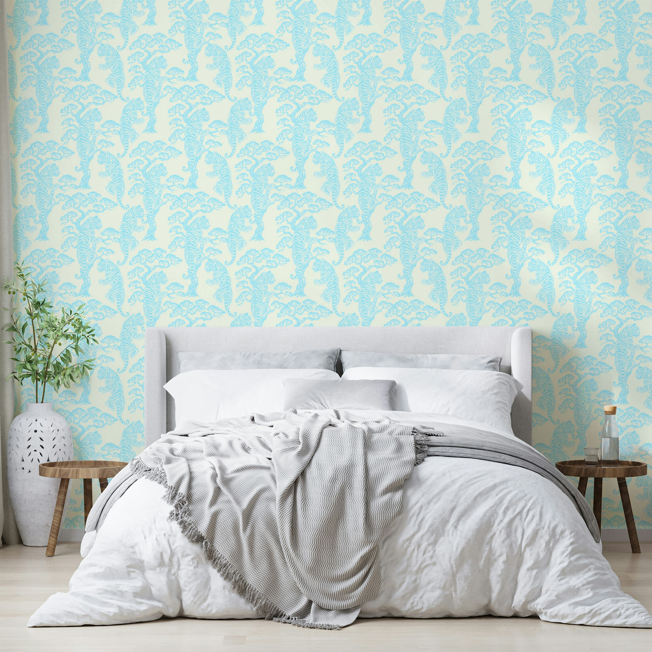 A beautiful tiger and tree wallpaper mural in aqua tones.


